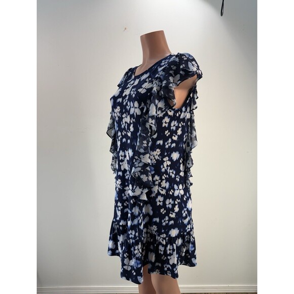 MICHAEL KORS Blue Floral Ruffle Polyester Dress Womens L - Picture 7 of 10
